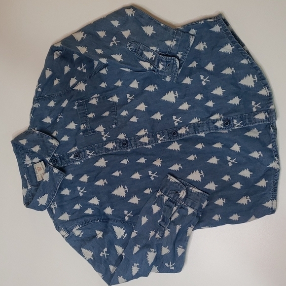 3/$30 Zara Baby Tree Axe Print Denim Long Sleeve 100% Cotton Button Down Holiday - Picture 1 of 5
